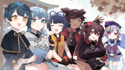 Rule 34 | 2boys, 4girls, ^ ^, absurdres, ahoge, black capelet, black gloves, black shirt, blue eyes, blue hair, blue legwear, blue shorts, book, bow, brown eyes, brown hair, capelet, chongyun (genshin impact), closed eyes, closed mouth, commentary request, dark-skinned female, dark skin, day, fingerless gloves, flower, flower-shaped pupils, food, genshin impact, gloves, hair flower, hair ornament, hair ribbon, highres, holding, holding book, holding food, hu tao (genshin impact), jacket, long hair, long sleeves, looking at viewer, multiple boys, multiple girls, open mouth, outdoors, pink eyes, popsicle, purple hair, purple headwear, purple shirt, qiqi (genshin impact), red bow, red flower, red jacket, ribbon, rippajun, shirt, short hair, short sleeves, shorts, sitting, sleeves past fingers, sleeves past wrists, smile, symbol-shaped pupils, teeth, thighhighs, twintails, twitter username, two side up, upper teeth only, vest, waving, white jacket, xiangling (genshin impact), xingqiu (genshin impact), xinyan (genshin impact), yellow eyes, yellow vest