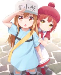 Rule 34 | 10s, 2girls, :o, ae-3803, aged down, apron, arm up, bag, beret, black footwear, blue shirt, boots, brown eyes, character name, closed mouth, clothes writing, collared shirt, commentary request, erythroblast (hataraku saibou), flat cap, goribote, hair between eyes, hat, hataraku saibou, light brown hair, long hair, multiple girls, open mouth, platelet (hataraku saibou), red footwear, red hair, red hat, red shirt, red skirt, salute, shirt, shoes, short sleeves, shoulder bag, skirt, standing, very long hair, white apron, white hat