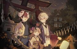 Rule 34 | 1girl, 2boys, :d, ^ ^, bacheally, bishounen, blonde hair, bow, child, chinese text, closed eyes, cotton candy, double bun, facial tattoo, fang, festival, fireworks, food, fox mask, grey hair, hair bow, hair bun, highres, holding, holding hands, holding lantern, japanese clothes, kimono, lantern, long hair, long sleeves, looking at another, mask, mask on head, multicolored hair, multiple boys, night, obi, open mouth, original, outdoors, paper lantern, red eyes, red hair, rope, sash, shide, shimenawa, short hair, sky, smile, sweatdrop, tattoo, teeth, torii, upper body, watermark, white hair, white kimono, yellow eyes, yukata