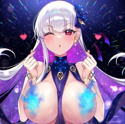 Rule 34 | 1girl, bare shoulders, blue fire, blush, body markings, bracelet, breasts, censored nipples, earrings, emotional engine - full drive, fate/grand order, fate (series), fire, flower, hair flower, hair ornament, hair ribbon, heart, highres, jewelry, kama (fate), kama (swimsuit avenger) (fate), kama (swimsuit avenger) (third ascension) (fate), large breasts, long hair, looking at viewer, lotus, multicolored hair, nail polish, one eye closed, open mouth, purple hair, red eyes, revealing clothes, ribbon, silver hair, solo, star (symbol), star earrings, two-tone hair, yayoi maka