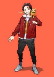Rule 34 | 1boy, absurdres, alternate costume, animal, animal on shoulder, black pants, bright pupils, brown hair, cat, cat on shoulder, contemporary, drawstring, grey footwear, highres, hood, hoodie, jacket, kamado tanjirou, kimetsu no yaiba, male focus, open mouth, orange background, pants, red eyes, red jacket, scar, scar on face, scar on forehead, shadow, shinishi chiho, shoes, short hair, signature, simple background, smile, solo, white pupils