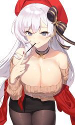 Rule 34 | 1girl, aran sweater, arm under breasts, azur lane, bare shoulders, belfast (azur lane), belfast (shopping with the head maid) (azur lane), beret, black pantyhose, black skirt, blush, breasts, brown sweater, cable knit, choker, cleavage, closed eyes, collarbone, earrings, food, food in mouth, hair ornament, hair ribbon, hat, highres, hoop earrings, jewelry, large breasts, leaning forward, long hair, looking at viewer, nail polish, off-shoulder sweater, off shoulder, pantyhose, pencil skirt, pocky, purple eyes, red headwear, red nails, ribbon, seon (seonon ), shawl, simple background, skirt, smile, sweater, upper body, white background, white hair