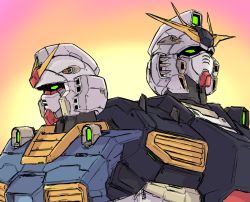 Rule 34 | armor, char&#039;s counterattack, gradient background, green eyes, gundam, highres, looking to the side, looking up, mecha, mobile suit gundam, no humans, nu gundam, robot, rx-78-2, side-by-side, strictly mecha, upper body