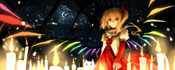 Rule 34 | 1girl, adapted costume, alternate costume, arm behind back, bad id, bad pixiv id, blonde hair, bridal gauntlets, candle, cloud, crescent moon, dress, fancybetty, flandre scarlet, hair ribbon, hallway, light particles, long sleeves, looking at viewer, moon, night, night sky, no headwear, no headwear, puffy sleeves, red dress, red eyes, ribbon, short hair, side ponytail, sky, slit pupils, solo, star (sky), starry sky, touhou, vest, window, wings