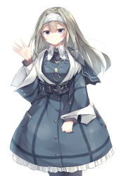 Rule 34 | 1girl, absurdres, blue dress, breasts, coat, collared shirt, cowboy shot, dress, duel monster, exosister irene, grey eyes, grey hair, harness, headband, highres, jewelry, kanzakietc, long hair, long sleeves, looking at viewer, medium breasts, necklace, nun, shirt, side cape, simple background, smile, solo, thighhighs, trench coat, waving, white background, yu-gi-oh!