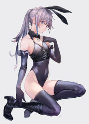 Rule 34 | angry, ass, bare shoulders, black collar, black footwear, black gloves, black thighhighs, boots, clenched hand, collar, commentary request, covered navel, detached collar, elbow gloves, eyebrows, frilled gloves, frills, girls&#039; frontline, glaring, gloves, gluteal fold, grey background, hair ornament, hand on own chest, head tilt, high heel boots, high heels, highres, irikawa, jewelry, kneeling, leotard, long hair, looking at viewer, neckwear request, pink hair, playboy bunny, ponytail, purple eyes, rabbit hair ornament, sidelocks, simple background, st ar-15 (girls&#039; frontline), thighhighs, thighs, white background