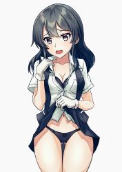 Rule 34 | 1girl, absurdres, black bra, black hair, black panties, black vest, bra, breasts, clothes lift, cowboy shot, gloves, gluteal fold, hair ornament, hairclip, highres, kantai collection, lifted by self, long hair, medium breasts, miniskirt, navel, open mouth, oyashio (kancolle), oyashio kai ni (kancolle), panties, pleated skirt, shirt, short sleeves, simple background, skirt, skirt lift, solo, standing, underwear, vest, white gloves, white shirt, yaegashi (muzzuleflash)