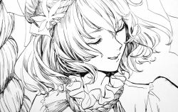 Rule 34 | absurdres, autumn leaves, breasts, closed eyes, eyelashes, frilled shirt, frilled shirt collar, frills, hair ornament, highres, leaf, leaf hair ornament, lower teeth only, medium breasts, monochrome, open mouth, puffy sleeves, rope, shirt, simple background, sketch, smile, teeth, touhou, white background, whoru, yasaka kanako