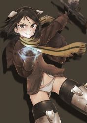 Rule 34 | 1girl, :q, absurdres, aohashi ame, aura, bandaid, bandaid on face, black eyes, black hair, blurry, blurry background, brave witches, brown gloves, brown jacket, clenched hand, closed mouth, commentary, crotch seam, depth of field, floating, fringe trim, gloves, glowing, gluteal fold, grey panties, grey shirt, gun, highres, jacket, kanno naoe, looking at viewer, machine gun, military, military uniform, open clothes, open jacket, panties, scarf, shadow, shirt, short hair, smile, solo, standing, striker unit, swept bangs, throwing, tongue, tongue out, underwear, uniform, v-shaped eyebrows, weapon, weapon request, world witches series, yellow scarf