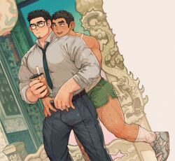 Rule 34 | 2boys, age difference, bara, between pectorals, black hair, blush, bubble tea, collared shirt, cover, cover page, covered erect nipples, dark-skinned male, dark skin, dolphin shorts, doujin cover, earrings, facial hair, feet out of frame, glasses, goatee, green shorts, head on another&#039;s shoulder, highres, holding hands, hug, hug from behind, interlocked fingers, jewelry, kim liong (shan), large pectorals, long sideburns, male focus, mature male, multiple boys, muscular, muscular male, necktie, necktie between pectorals, nike (company), original, pectorals, pout, shan (shanshankuo), shirt, shoes, short hair, shorts, sideburns, sleeves rolled up, smile, sneakers, standing, tank top, thick eyebrows, tsi-ho (shan), undressing another, white tank top, yaoi