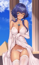 Rule 34 | 1girl, 3:, alternate costume, bare shoulders, blue eyes, blue gemstone, blue hair, blue sky, blush, breasts, building, candace (genshin impact), cleavage, closed mouth, clothes lift, cloud, cowboy shot, dark-skinned female, dark skin, dress, dress lift, elbow gloves, gem, genshin impact, gloves, groin, hair over shoulder, hairband, heterochromia, highres, jewelry, large breasts, lifting own clothes, looking at viewer, low twintails, matrix16, necklace, panties, panty pull, pendant, pillar, raised eyebrows, ring, short hair with long locks, skindentation, sky, solo, strapless, strapless dress, thighhighs, thighs, twintails, underwear, wedding dress, wedding ring, white dress, white panties, white thighhighs, yellow eyes