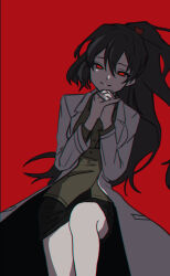 Rule 34 | 1girl, black hair, black skirt, carmen (project moon), closed mouth, coat, green shirt, high ponytail, highres, lab coat, lobotomy corporation, long hair, long sleeves, moth ram, own hands clasped, own hands together, pencil skirt, project moon, red background, red eyes, shirt, simple background, skirt, smile, solo, very long hair, white coat, wing collar