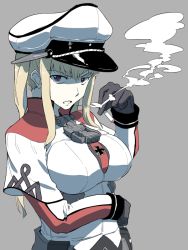 Rule 34 | 10s, 1girl, blonde hair, blue eyes, breasts, capelet, cigarette, female focus, gloves, graf zeppelin (kancolle), hat, hayashi ekyuu, kantai collection, large breasts, long hair, peaked cap, solo, tsukune, twintails