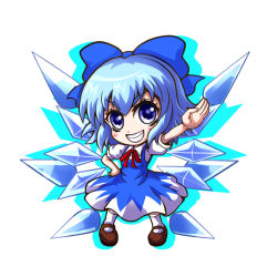 Rule 34 | 1girl, blue eyes, blue hair, bow, chibi, cirno, dress, grin, hair bow, hand on own hip, ice, ice wings, kiki fushigi, matching hair/eyes, outstretched arm, ribbon, short hair, simple background, smile, solo, touhou, white background, wings