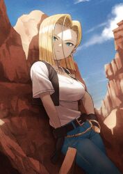 Rule 34 | 1girl, android 18, belt, belt buckle, black vest, blonde hair, blue pants, blue sky, breasts, brown gloves, buckle, cleavage, closed mouth, dragon ball, dragonball z, earrings, expressionless, fagi (kakikaki), gloves, highres, jewelry, large breasts, looking at viewer, medium breasts, necklace, outdoors, pants, pearl necklace, shirt, short sleeves, sky, solo, vest, white shirt