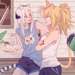 Rule 34 | 2girls, animal ears, arknights, black hair, black nails, black shorts, blue tank top, brick wall, brown eyes, brown hair, cake, candle, cowboy shot, fire, fire, food, hair between eyes, happy birthday, hat, heart, holding, holding plate, indra (arknights), lion ears, lion girl, lion tail, long hair, looking at another, multicolored hair, multiple girls, party hat, plate, ponytail, red headwear, shadow, shorts, siege (arknights), streaked hair, tail, tank top, tiger ears, tiger girl, tiger tail, towne, two-tone hair, v-shaped eyebrows, white hair, white tank top, yellow eyes