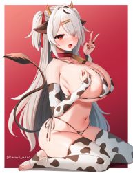 Rule 34 | 1girl, animal ears, animal print, bare shoulders, bell, bikini, breasts, bridal gauntlets, cleavage, collar, commentary request, cow ears, cow girl, cow horns, cow print, cow tail, cowbell, eyes visible through hair, from side, gradient background, grey hair, hair ornament, hair over one eye, hairclip, hands up, horns, huge breasts, indie virtual youtuber, kneeling, long hair, looking at viewer, marota, marota (character), navel, neck bell, open mouth, original, red background, red collar, red eyes, side-tie bikini bottom, sideboob, smile, swimsuit, tail, thighhighs, thighs, two side up, underboob, v, virtual youtuber
