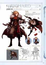 Rule 34 | 1boy, belt, blonde hair, blue eyes, boots, card, character name, chibi, chibi inset, coat, coin, full body, fur trim, gloves, granblue fantasy, gun, highres, joker (playing card), lineart, long hair, male focus, minaba hideo, multiple views, non-web source, official art, page number, playing card, richard (granblue fantasy), scan, translation request, weapon