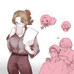Rule 34 | 2boys, 2girls, blue eyes, blush, brown pants, brown shirt, chibi, chibi inset, commentary, don quixote (project moon), glasses, gregor (project moon), hair bun, holding, holding paper, limbus company, long hair, long sleeves, meursault (project moon), multiple boys, multiple girls, pants, paper, parted bangs, project moon, rodion (project moon), shirt, short hair, sidelocks, simple background, uchimura (rino0525), very long hair, white background
