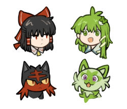 Rule 34 | 2girls, 2others, animal ears, black hair, black skin, bow, cat ears, closed mouth, collared shirt, colored skin, commentary request, creatures (company), crossover, eyes visible through hair, frog hair ornament, game freak, gen 7 pokemon, green eyes, green hair, green skin, hair between eyes, hair ornament, hair tubes, hakurei reimu, haojbleng, kochiya sanae, litten, long hair, looking at another, looking to the side, multiple girls, multiple others, necktie, nintendo, open mouth, pokemon, purple eyes, red bow, red eyes, red skin, shirt, short hair, simple background, smile, snake hair ornament, sprigatito, touhou, upper body, white background, white shirt, yellow necktie