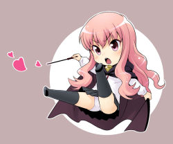 Rule 34 | 00s, 1girl, blush, cape, chibi, grey background, ha-ru, heart, holding, long hair, louise francoise le blanc de la valliere, panties, pentacle, pink eyes, pink hair, pleated skirt, simple background, skirt, solo, thighhighs, underwear, wand, zero no tsukaima
