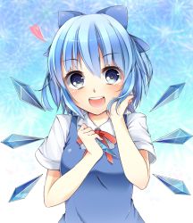 Rule 34 | 1girl, blue eyes, blue hair, blush, cirno, happy, heart, icicle, looking at viewer, navy (navy.blue), open mouth, red ribbon, ribbon, short hair, short sleeves, smile, solo, touhou