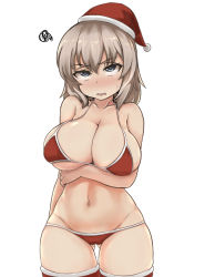 Rule 34 | 10s, 1girl, bikini, blue eyes, blush, breasts, brown hair, christmas, commentary request, girls und panzer, hat, itsumi erika, large breasts, navel, red bikini, red hat, red thighhighs, santa hat, shanaharuhi, short hair, simple background, solo, standing, swimsuit, thighhighs, white background