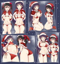 Rule 34 | 2girls, :o, ;d, ass, bikini, black hair, bow, bowtie, breasts, capelet, christmas, closed mouth, double v, fur trim, gloves, green eyes, grin, hair bow, hair ornament, hair scrunchie, hat, highres, kurokawa makoto, large breasts, long hair, love live!, love live! school idol project, low twintails, multiple girls, navel, one eye closed, open mouth, pom pom (clothes), purple eyes, red eyes, santa bikini, santa gloves, santa hat, scrunchie, side-tie bikini bottom, small breasts, smile, stomach, striped bow, striped bowtie, striped clothes, swimsuit, teeth, tojo nozomi, twintails, underboob, v, yazawa nico