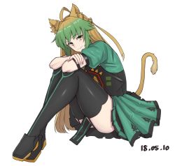 Rule 34 | 1girl, ahoge, animal ears, atalanta (fate), bad id, bad twitter id, blonde hair, boots, cat ears, cat tail, dated, eyebrows, fate/apocrypha, fate/grand order, fate (series), green hair, knees to chest, long hair, looking at viewer, michihasu, multicolored hair, smile, solo, tabard, tail, thigh boots, thighhighs, thighs, white background, yellow eyes
