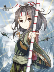 Rule 34 | 10s, 1girl, aircraft, airplane, bow (weapon), brown eyes, brown hair, hachimaki, headband, highres, japanese clothes, kantai collection, long hair, muneate, personification, ponytail, solo, weapon, yakob labo, zuihou (kancolle)