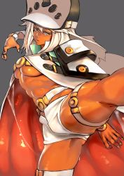 Rule 34 | 1girl, absurdres, belt, belt bra, breasts, cape, commentary, dark-skinned female, dark skin, english commentary, fighting stance, guilty gear, guilty gear xrd, hat, highres, kicking, long hair, medium breasts, orange eyes, platinum blonde hair, ramlethal valentine, shiny skin, short shorts, shorts, silver hair, slime (substance), solo, standing, standing on one leg, stomach, thigh strap, underboob, unizama
