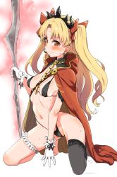 Rule 34 | 1girl, 3:, barefoot, bikini, black bikini, black thighhighs, blonde hair, bow, breasts, cape, clearite, closed mouth, earrings, ereshkigal (fate), fate/grand order, fate (series), feet, full body, gloves, hair bow, holding, holding weapon, jewelry, kneeling, long hair, looking at viewer, micro bikini, navel, parted bangs, red bow, red eyes, simple background, single thighhigh, skull, small breasts, solo, swimsuit, thighhighs, tohsaka rin, two side up, wavy hair, weapon, white background