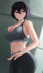 Rule 34 | 1girl, bare arms, bare shoulders, black hair, breasts, cameltoe, cleavage, closed mouth, collarbone, cowboy shot, from below, hair between eyes, highres, indoors, large breasts, lazb., leggings, light frown, looking at viewer, navel, original, pants, purple eyes, short hair, sideboob, solo, sports bra, tight clothes, tight pants, tsurime