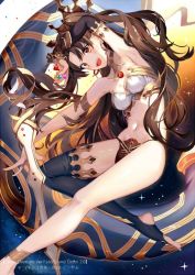 Rule 34 | 1girl, :d, anklet, arm up, armlet, armpits, bare legs, barefoot, between fingers, bikini, black bikini, black thighhighs, blush, breasts, brown hair, cleavage, collar, copyright name, detached sleeves, earrings, fate/grand order, fate (series), gem, gradient background, holding, hoop earrings, ishtar (fate), jewelry, kouyafu, long hair, long sleeves, medium breasts, midair, mismatched bikini, nail polish, navel, open mouth, outstretched arm, parted bangs, pink nails, red eyes, single detached sleeve, single thighhigh, smile, solo, sparkle, stirrup legwear, stomach, swimsuit, thighhighs, tiara, toeless legwear, tohsaka rin, very long hair, white bikini, wrist cuffs