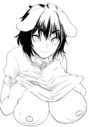 Rule 34 | 1girl, animal ears, black hair, breasts, breasts out, closed mouth, flashing, greyscale, highres, inaba tewi, large breasts, megao 3rd, monochrome, nipples, rabbit ears, short hair, smile, solo, touhou