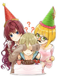 Rule 34 | 3girls, :3, ?, bare shoulders, bespectacled, blonde hair, blue eyes, cake, chocolate, choker, collared shirt, covering another&#039;s eyes, earrings, fake facial hair, fake mustache, fake nose, food, fruit, glasses, green eyes, green hair, hat, highres, holding, ichinose shiki, idolmaster, idolmaster cinderella girls, jewelry, long hair, long sleeves, max melon, miyamoto frederica, multiple girls, off shoulder, parted lips, party hat, party popper, pink sweater, red hair, shiomi syuko, shirt, simple background, strawberry, strawberry shortcake, sweatdrop, sweater, translated, white background, white shirt, wing collar