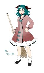 Rule 34 | 1girl, absurdres, animal ears, bamboo broom, black footwear, blush, breasts, broom, brown dress, buttons, commentary request, derivative work, dog ears, dress, eyelashes, frilled dress, frills, full body, green eyes, green hair, hand on own hip, happy, highres, kasodani kyouko, korean commentary, kuya (hey36253625), medium hair, open mouth, short hair, simple background, small breasts, socks, solo, standing, ten desires, touhou, translation request, white background, white socks