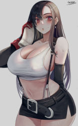 Rule 34 | 1girl, absurdres, belt, belt buckle, black hair, blush, breasts, buckle, carcass (artist), chinese text, cleavage, collarbone, covered erect nipples, crop top, curious, curvy, detached sleeves, earrings, final fantasy, final fantasy vii, gloves, grey background, hair between eyes, highres, huge breasts, jewelry, large breasts, lips, long hair, looking at viewer, midriff, navel, open mouth, overalls, red eyes, red gloves, sideboob, signature, simplified chinese text, skirt, solo, stomach, suspender skirt, suspenders, sweat, sweatdrop, swept bangs, thick thighs, thighs, tifa lockhart, towel, wide hips, wiping face