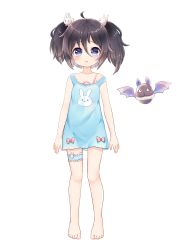 Rule 34 | absurdres, animal print, bare shoulders, barefoot, bed, black hair, blossomlive!, blue eyes, flat chest, hair ornament, highres, long sleeves, open mouth, rabbit, rabbit hair ornament, rabbit print, shinyoon nan (vtuber), skirt, sleepwear, solo, thigh strap, twintails, virtual youtuber