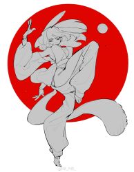 Rule 34 | 1girl, absurdres, animal ears, arm behind back, bare shoulders, barefoot, breasts, center opening, changpao, chi dianda bianba, chinese clothes, cleavage, closed mouth, commentary request, detached sleeves, fighting stance, flag background, flat color, floating hair, frown, full body, greyscale with colored background, highres, japanese flag, large breasts, long hair, long sleeves, looking at viewer, original, procreate (medium), puffy long sleeves, puffy pants, puffy sleeves, rabbit ears, red background, sideboob, simple background, solo, squirrel tail, tail, toes, watermark, weibo logo, weibo watermark, white background