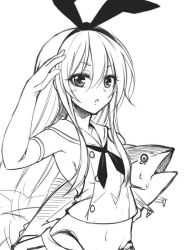 Rule 34 | 10s, 1girl, animal ears, rabbit ears, fake animal ears, female focus, fish, greyscale, hand on own head, kantai collection, lineart, long hair, long sleeves, looking at viewer, monochrome, navel, necktie, revealing clothes, salute, shimakaze (kancolle), sketch, solo, thong, utakata (kochou no yume), very long hair, white background