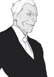 Rule 34 | 1boy, formal, greyscale, highres, male focus, miwa shirow, monochrome, necktie, old, old man, psycho-pass, smile, solo, suit, todoroki tenma, white hair
