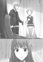 Rule 34 | 00s, 1boy, 2girls, :d, ^ ^, ayakura juu, blunt bangs, blush, breasts, closed eyes, craft lawrence, doorknob, dress, greyscale, hand on own hip, happy, highres, holo, jacket, long hair, long sleeves, looking at another, looking at viewer, monochrome, multiple girls, non-web source, nora arento, novel illustration, official art, open clothes, open jacket, open mouth, pants, parted lips, scan, shirt, short hair, sitting, small breasts, smile, spice and wolf, surprised, vest, wide-eyed, wood