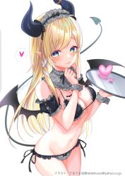 Rule 34 | 1girl, arched back, bare shoulders, bikini, black bikini, blonde hair, blue eyes, breasts, cleavage, cowboy shot, demon horns, demon tail, demon wings, detached collar, detached sleeves, frilled bikini, frills, green eyes, groin, headdress, heart, highres, holding, hololive, horns, long hair, looking at viewer, maid, maid bikini, maid headdress, medium breasts, multicolored eyes, navel, pointy ears, side-tie bikini bottom, sidelocks, smile, solo, spoken heart, stomach, string bikini, swimsuit, tail, teltelhousi, thighs, tongue, tongue out, tray, unconventional maid, virtual youtuber, wings, wrist cuffs, yuzuki choco