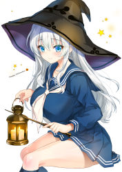 Rule 34 | 1girl, black headwear, blue eyes, blue serafuku, blue shirt, blue skirt, blush, breasts, closed mouth, collarbone, commentary request, emily (pure dream), hat, highres, holding, holding lantern, kneehighs, lantern, large breasts, large hat, long hair, looking at viewer, original, pleated skirt, school uniform, serafuku, shirt, skirt, smile, socks, star (symbol), thighs, wand, white background, white hair, witch hat