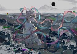 Rule 34 | 1girl, absurdly long hair, black sun, blonde hair, blue bow, blue eyes, blue hair, blue shirt, blue skirt, bow, chouzetsusaikawa tenshi-chan, glitch, grey sky, hair bow, highres, holographic clothing, long hair, long sleeves, looking at viewer, looking back, multicolored hair, needy girl overdose, ocean, ordnung, outdoors, pink bow, pink hair, pleated skirt, purple bow, quad tails, shirt, skirt, sky, solo, standing, sun, very long hair, wading, water, wind