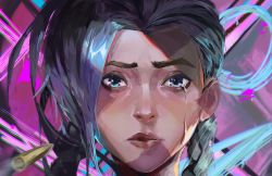 Rule 34 | 1girl, absurdres, arcane: league of legends, asymmetrical bangs, blue eyes, braid, bullet, closed mouth, highres, jinx (league of legends), league of legends, long hair, looking at viewer, multicolored background, pink background, portrait, solo, tears, twin braids, winday (fejh5255)