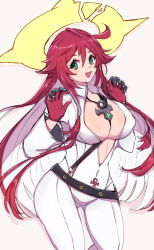 Rule 34 | 1girl, ahoge, ankh necklace, bell-bottoms, belt, bodysuit, breasts, broken halo, chemaru (a8l), cleavage, spiked halo, front slit, gloves, green eyes, guilty gear, guilty gear strive, halo, highres, jack-o&#039; valentine, large breasts, long hair, long sleeves, pants, red gloves, red hair, skull belt, solo, studded belt, too many, too many belts, very long hair, white bodysuit