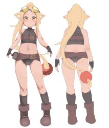 Rule 34 | 1girl, animal ear fluff, animal ears, ass, bare shoulders, black gloves, black shirt, black socks, blonde hair, boots, brown eyes, brown footwear, character request, copyright request, crop top, cross-laced footwear, fingerless gloves, forehead, gloves, high ponytail, highres, lace-up boots, long hair, lyanon, multiple views, navel, parted bangs, ponytail, shirt, short eyebrows, simple background, sleeveless, sleeveless shirt, socks, thick eyebrows, very long hair, white background