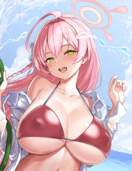 Rule 34 | 1girl, :d, ahoge, bikini, blue archive, blue sky, blush, braid, breasts, cleavage, collarbone, covered erect nipples, day, green eyes, hair intakes, halo, hanako (blue archive), hanako (swimsuit) (blue archive), hose, huge breasts, large breasts, long hair, long sleeves, looking at viewer, off shoulder, open clothes, open mouth, open shirt, outdoors, pink hair, red bikini, shirt, side braid, single bare shoulder, sky, smile, solo, swimsuit, underboob, upper body, very long hair, water, white shirt, zaxwu